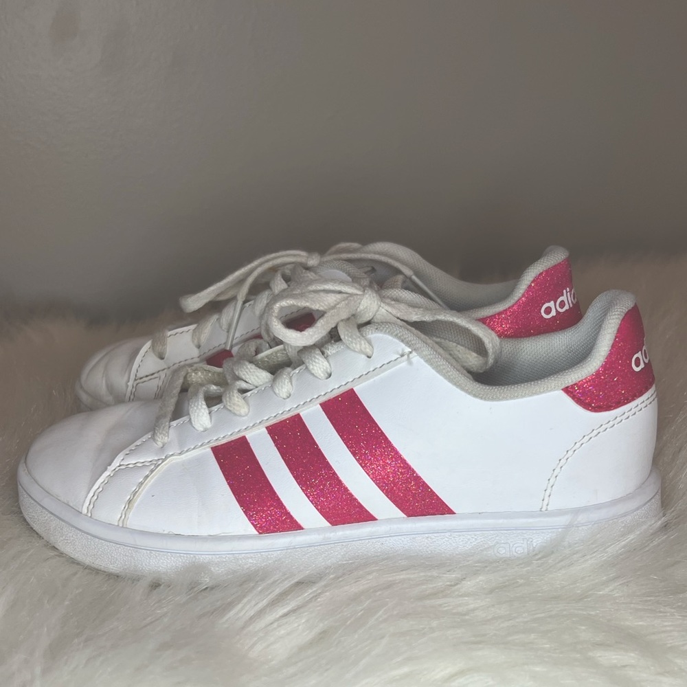 Girls Adidas Sneakers Size 2 white with sparkly pink 3 stripes